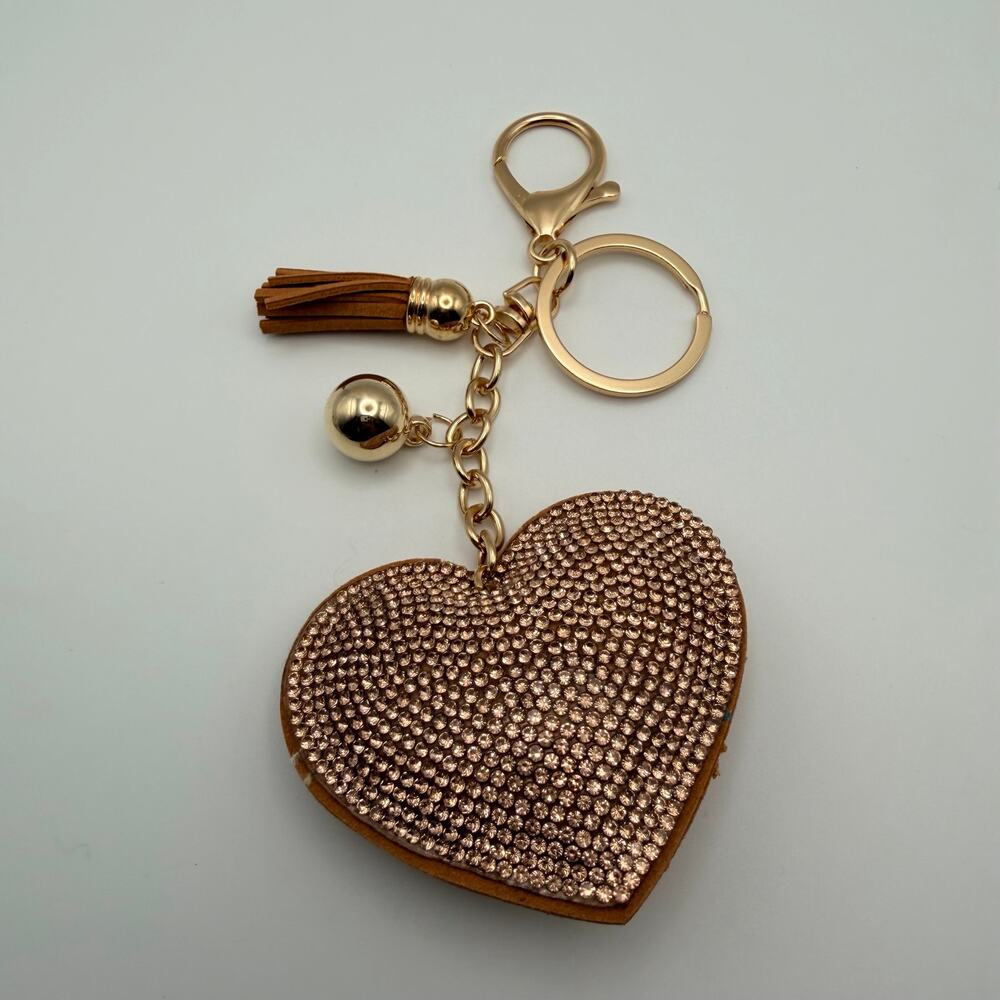 3/$25 - Rhinestone Heart Tassel Purse Charm Keychain Gold Tone - Picture 2 of 3
